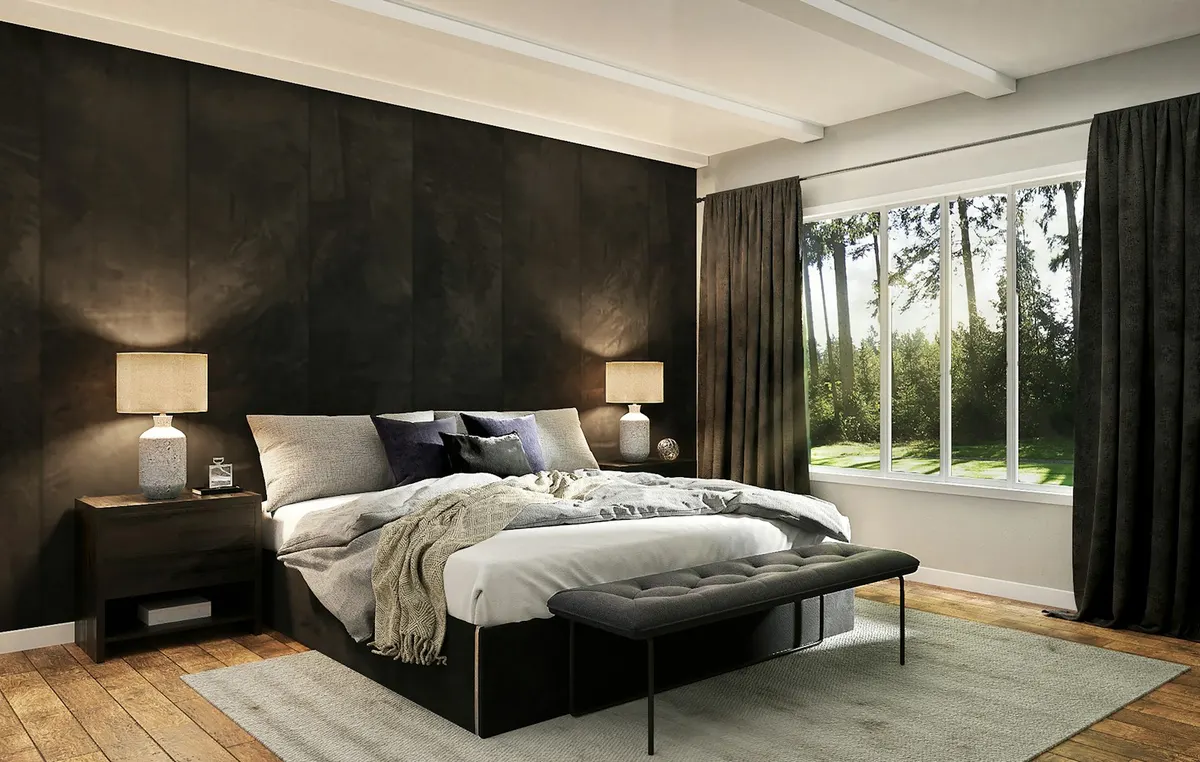 Bedroom with warm wood-effect plank flooring