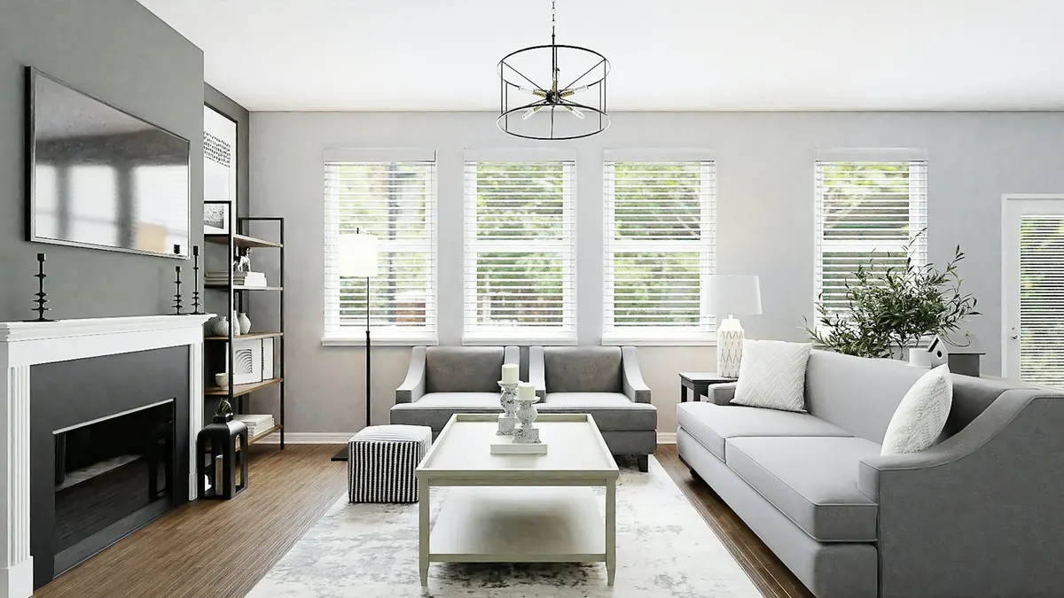 Living room with dark wood-effect plank flooring