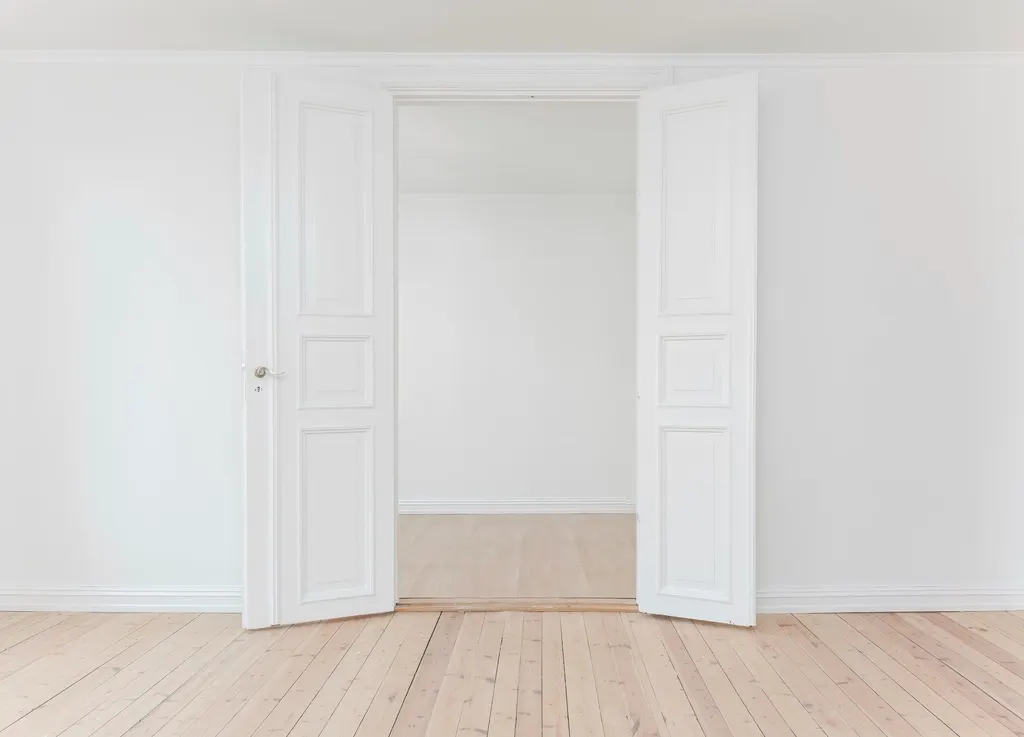 Empty white room with pale wood-effect plank flooring