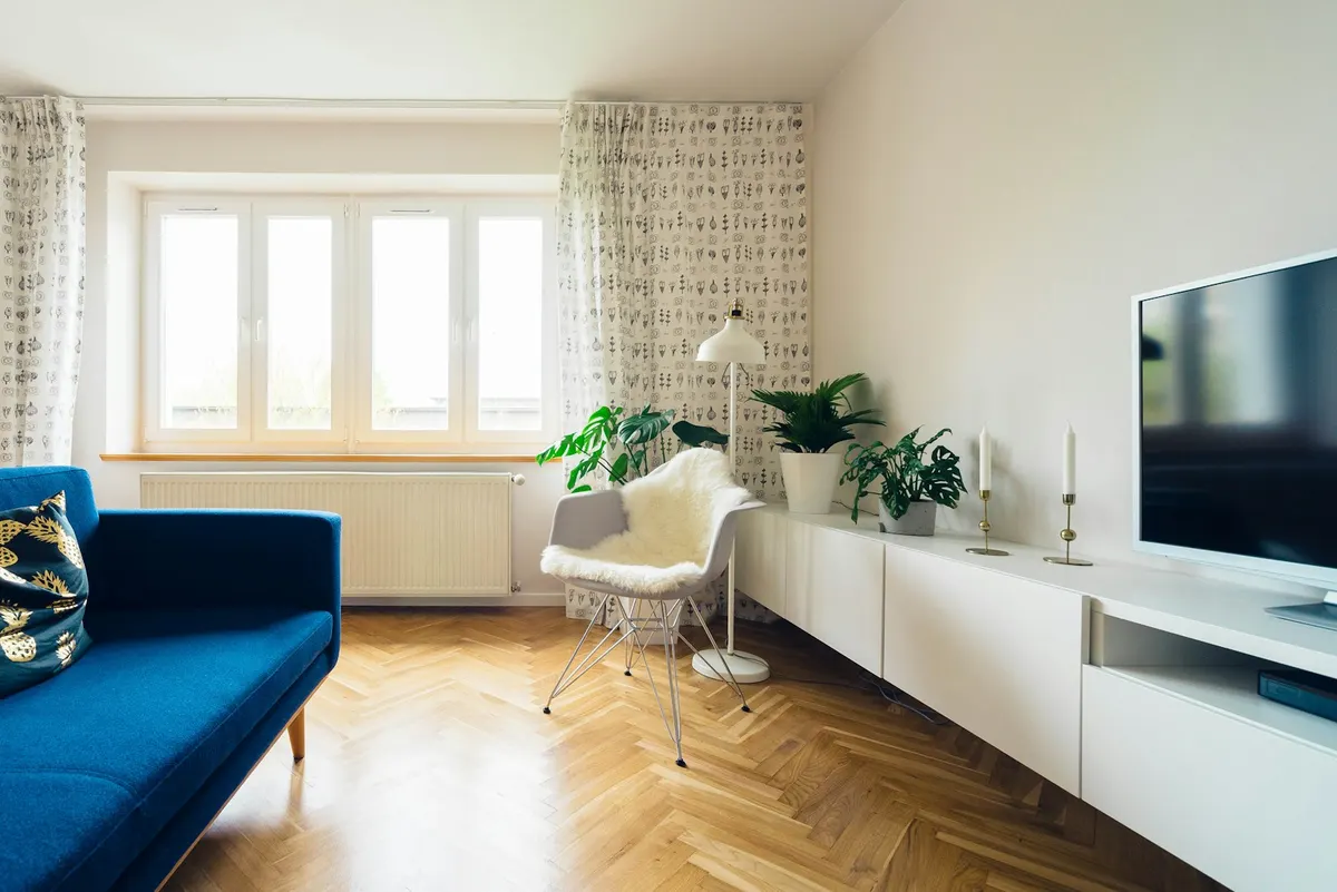 Living room with oak herringbone flooring